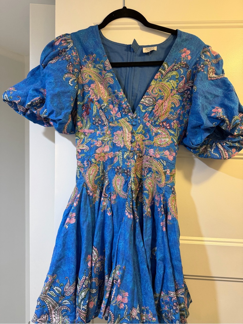 Hemant & Nandita Balloon Sleeve Paisley V-Neck Puff-Sleeve Mini Dress